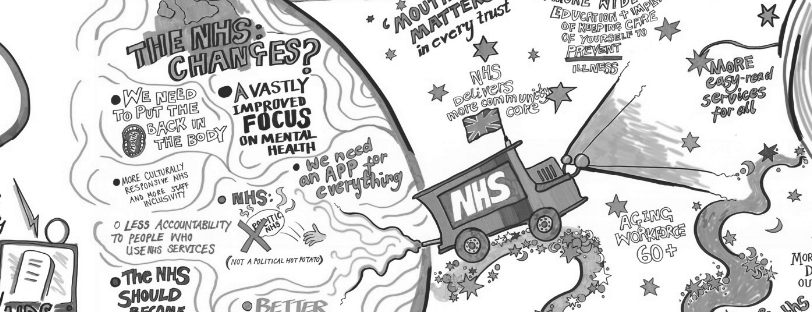 Black and white graphic recording example for the NHS by Inky Thinking