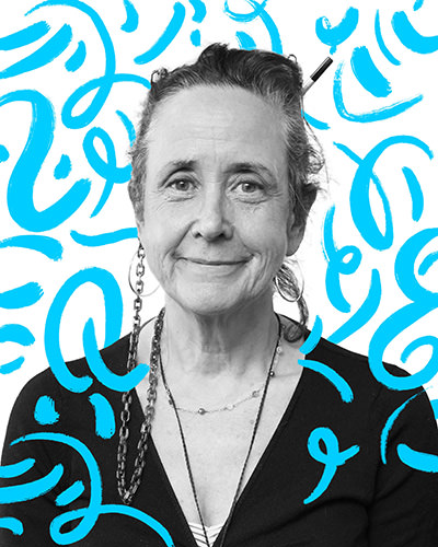 Head and shoulders photo of Caroline Chapple, with blue illustrated design over photo, illustrator for Inky Thinking UK