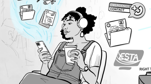 Black and white hand drawn image of person sitting in seat with phone in hand and thoughts of travel arrangements circling around head. Creating a stand-out RFP illustration drawn by Jen Backman, illustrator from Inky Thinking